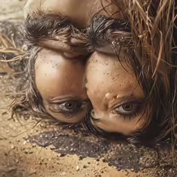two young children lay on the ground underneath grass