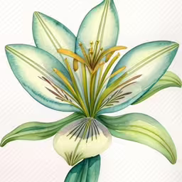 a painting of a white flower with green leaves