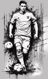 a drawing of a man in uniform and soccer ball,a soccer player in action with the ball