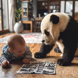 a baby crawling on the floor looking at an animal