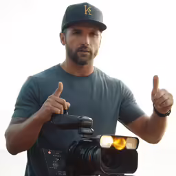man wearing a hat, holding his camera