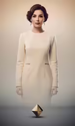 a women with a yellow ring stands in front of an image of a woman in white dress