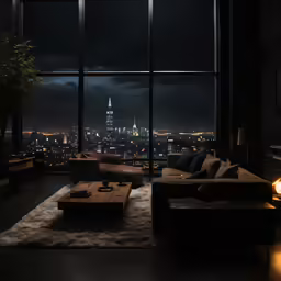 the living room has dark furniture and a large window that looks out on the city