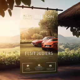 a banner advertising two cars in a park