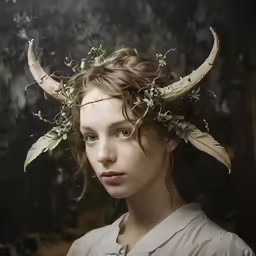 a girl with long hair and some horns on her head