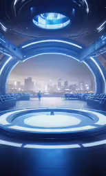 a futuristic office with the view of city lights