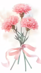 three pink flowers with pink ribbons attached to them