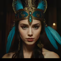 a woman is wearing a feather headdress and jewels