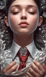 an artistic photo of a woman in a white shirt with a red neck tie