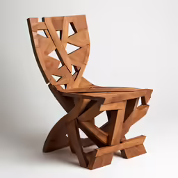 an old wooden chair with no seat sits upright