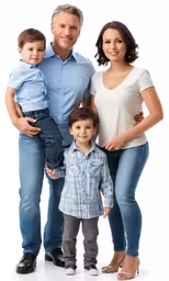 a man, woman and child in front of white background