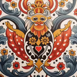 a painting of an image of an eagle with flowers and swirls on it