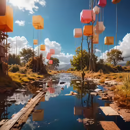 lanterns fly over the water of a creek in a scenic area