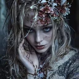 a woman in snow makeup has a flower in her hair