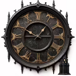 a round clock with a roman numerals sitting against the wall