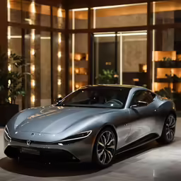 the sleek car is parked near a large building
