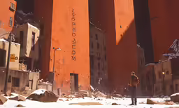 a man standing outside of two tall buildings