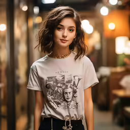 a beautiful young lady standing in front of a mirror wearing a white t - shirt