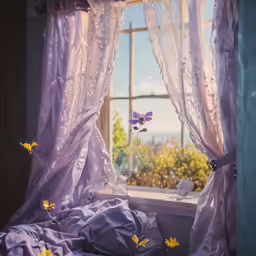 the window is open, and the curtains are hanging with flowers in them