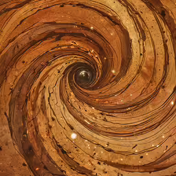 an artistic swirl photograph with brown and black highlights,there is a large spiral shaped object with little lights inside