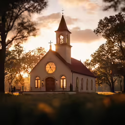 a church at sunset with the sun just peaking through the clouds