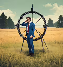 a man in a suit stands in a field with an enormous wheel,a man standing in front of an upside down ferris wheel