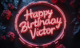 a neon sign on a surface that says happy birthday victoria