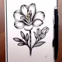 drawing of a flower with ink on paper,some sort of painting that is on the white paper