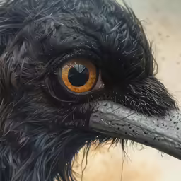 the photo shows an eagle that is wet and has very large yellow eyes