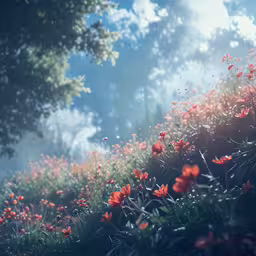 an artistic view of flowers growing from the top of a hillside