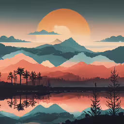 an art decoupaged scene with mountains and trees,the sun sets over a landscape painting with mountains, lakes, and pine trees