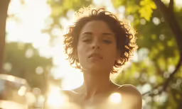 the sun is coming through her hair, and she is looking in the distance