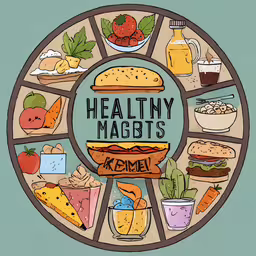 healthy macs on a circular board with a blue background,the circle with healthy macts and ketchup