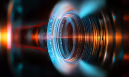 lens being reflected in black background of large orange and blue light