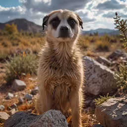 a dog sitting on some rocks and grass