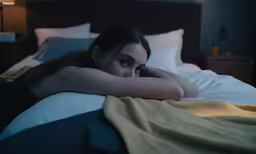 a girl is laying in bed staring into the camera