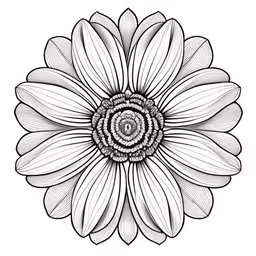 a drawing of a flower with the center section opened,a flower with a spiral center and black centers,flower petals with lines forming the petals,a sunflower drawn in black and white with a white background,a sunflower is shown in this black and white drawing