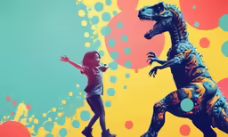 the image shows two children running along a rainbow - colored backdrop while one child watches