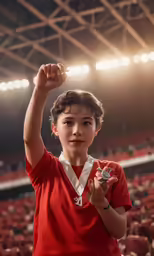 a boy in a red shirt raising his fist
