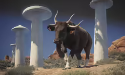 there is a bull that has four white columns
