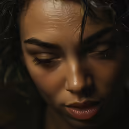 a woman with some black hair and freckles on
