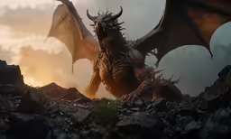 a giant winged dragon standing on top of a rocky mountain