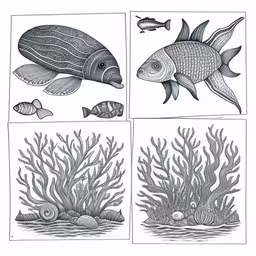 four pictures of sea life that look like pencil drawings,three fish and a sea weed on paper