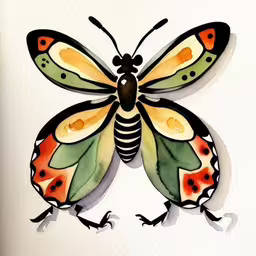 the painted butterfly is sitting down,a painting of a butterfly on paper