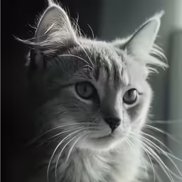 a gray and white cat stares straight ahead