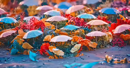 there are many umbrellas and plants outside