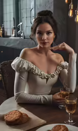a woman with an object and a glass of wine