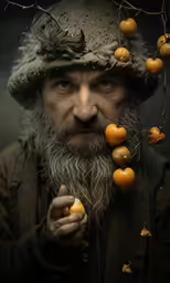 a man in a very strange outfit with fruit on it