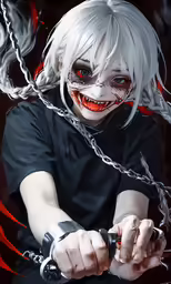 a white haired girl in chains and blood with white hair