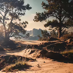 several trees and dirt path going through an area with mountains in the distance